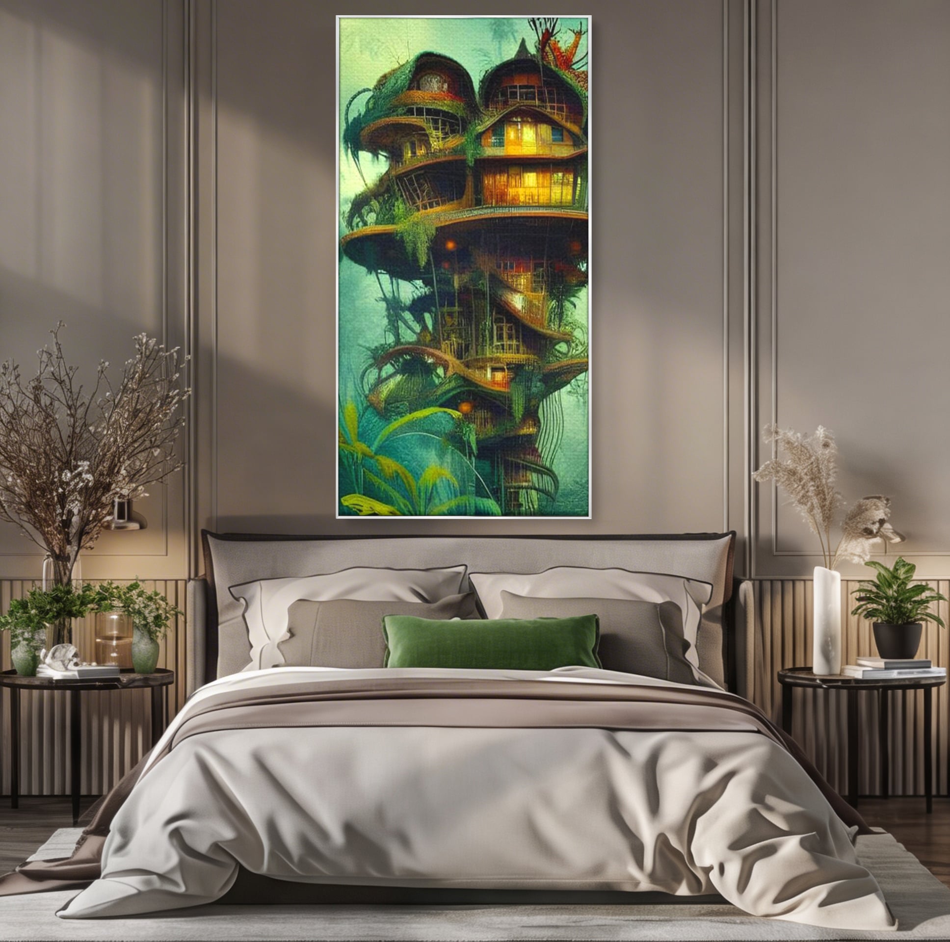 Tablou canvas cu ilustratie digitala cu turn in copac, in rama de aluminiu argintiu, pe perete intr-un dormitor